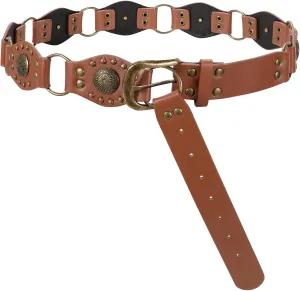 LEACOOLKEY Western Concho Rivet Belt for Women Vintage Leather Belt Western Waist Belt for Skirts Jeans