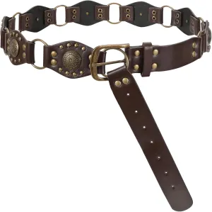LEACOOLKEY Western Concho Rivet Belt for Women Vintage Leather Belt Western Waist Belt for Skirts Jeans