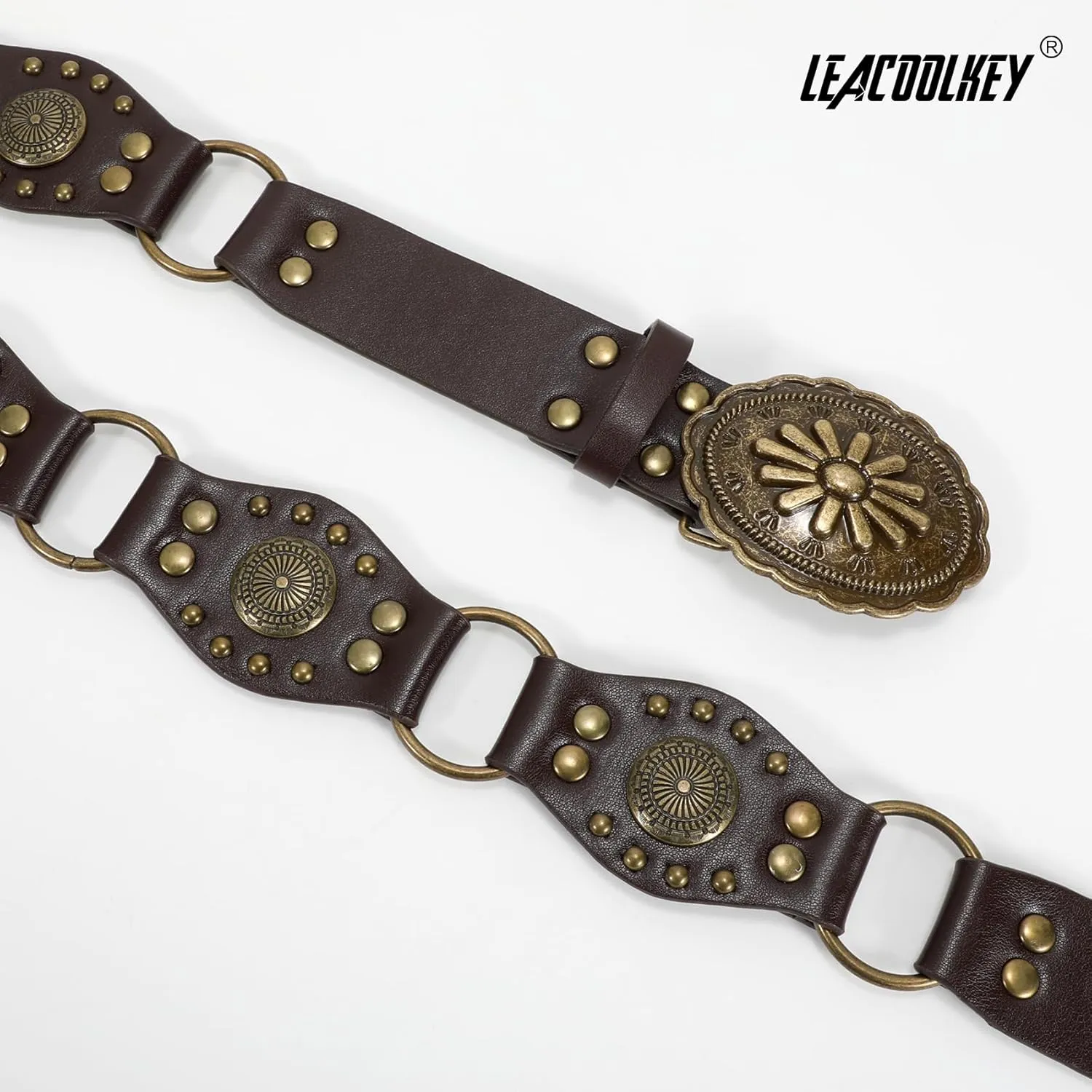 LEACOOLKEY Western Concho Rivet Belt for Women Vintage Leather Belt Western Waist Belt for Skirts Jeans