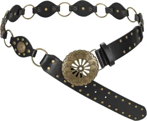LEACOOLKEY Western Concho Rivet Belt for Women Vintage Leather Belt Western Waist Belt for Skirts Jeans