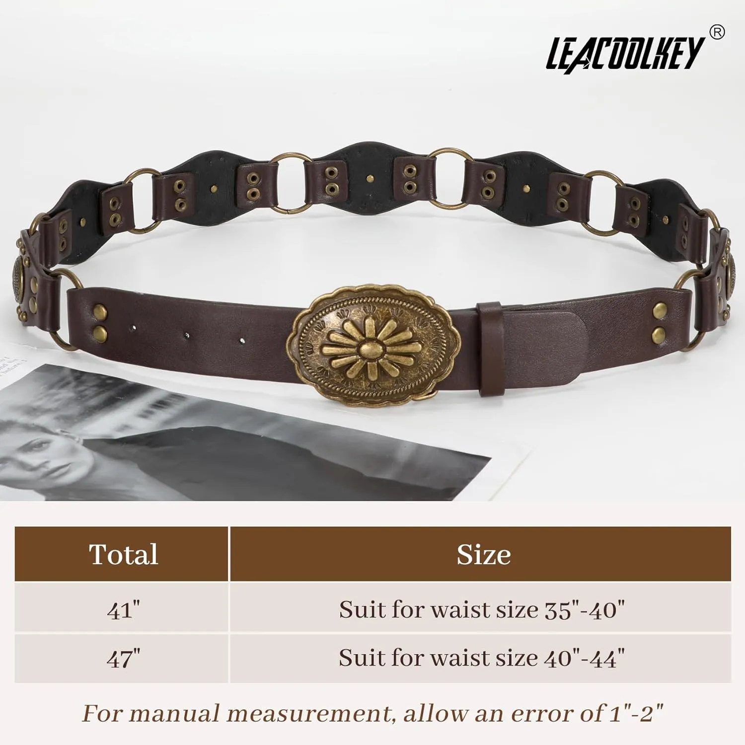 LEACOOLKEY Western Concho Rivet Belt for Women Vintage Leather Belt Western Waist Belt for Skirts Jeans
