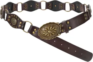 LEACOOLKEY Western Concho Rivet Belt for Women Vintage Leather Belt Western Waist Belt for Skirts Jeans