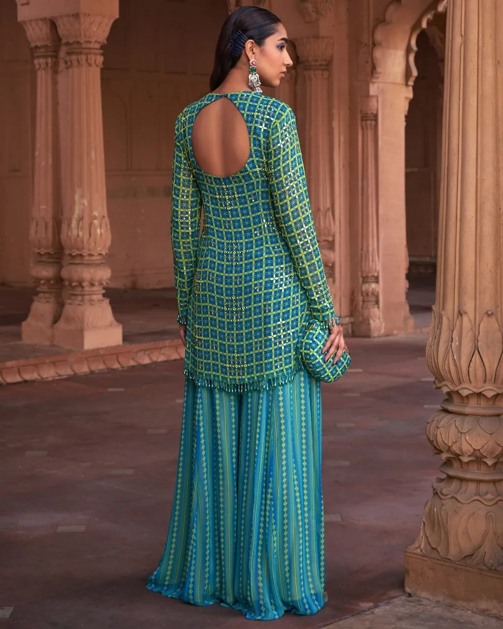 Lime Yellow Grid Print & Highlighted Kurti Set