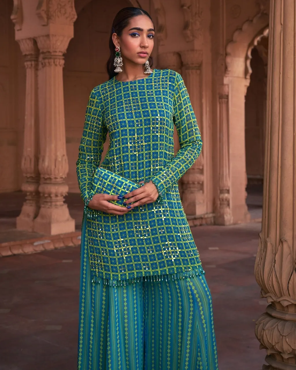 Lime Yellow Grid Print & Highlighted Kurti Set