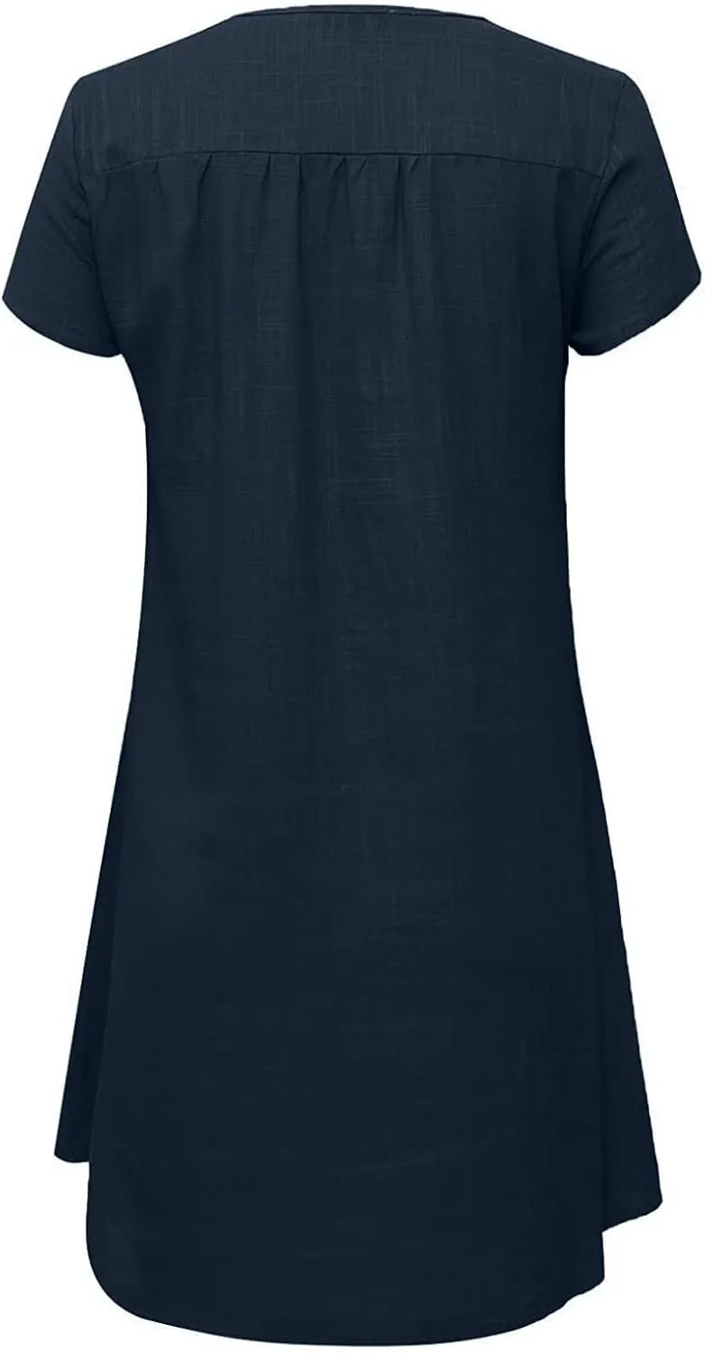 Linen Dress for Women Summer Casual V Neck Cover Ups Sundress Beach Vacation Clothes Plus Size Mini Tshirt Dresses