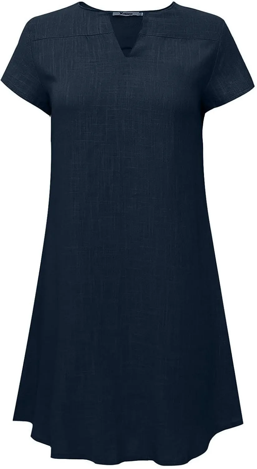 Linen Dress for Women Summer Casual V Neck Cover Ups Sundress Beach Vacation Clothes Plus Size Mini Tshirt Dresses