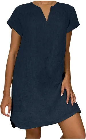 Linen Dress for Women Summer Casual V Neck Cover Ups Sundress Beach Vacation Clothes Plus Size Mini Tshirt Dresses