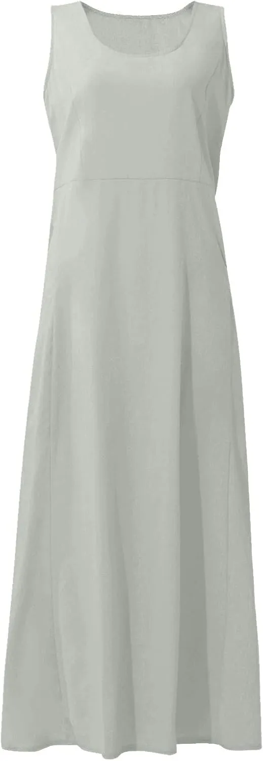 Linen Dress Women Plus Size Summer Dresses 2025 Casual Solid Colour Sleeveless Cotton Linen Dress with Pocket