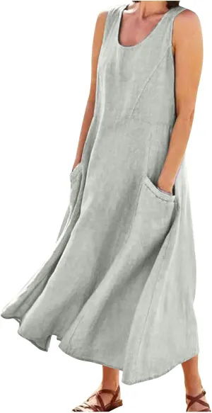 Linen Dress Women Plus Size Summer Dresses 2025 Casual Solid Colour Sleeveless Cotton Linen Dress with Pocket