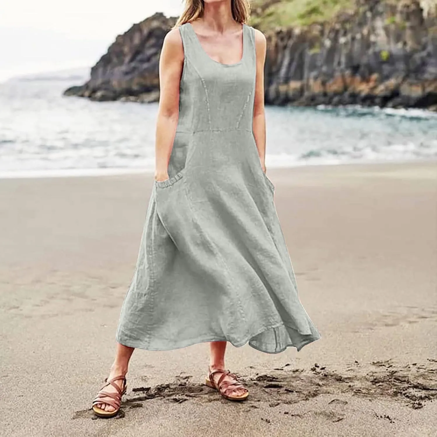 Linen Dress Women Plus Size Summer Dresses 2025 Casual Solid Colour Sleeveless Cotton Linen Dress with Pocket