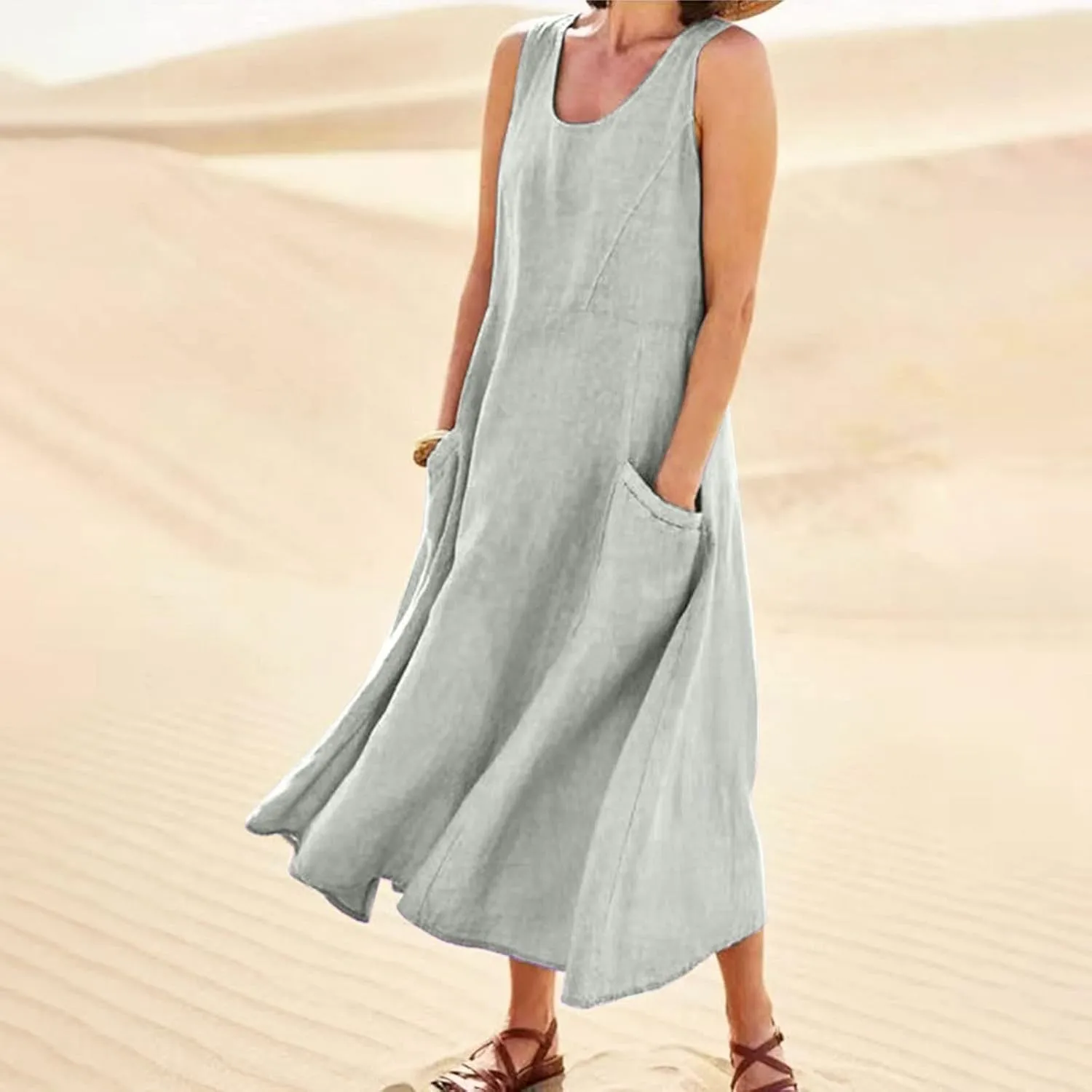 Linen Dress Women Plus Size Summer Dresses 2025 Casual Solid Colour Sleeveless Cotton Linen Dress with Pocket