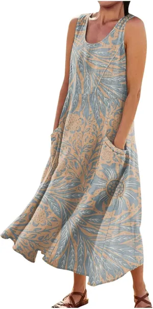 Linen Dresses for Women 2025 Casual Summer Sleeveless Flowy Maxi Dress Plus Size Boho Sundress with Pockets