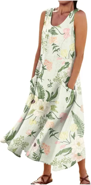 Linen Dresses for Women 2025 Casual Summer Sleeveless Flowy Maxi Dress Plus Size Boho Sundress with Pockets