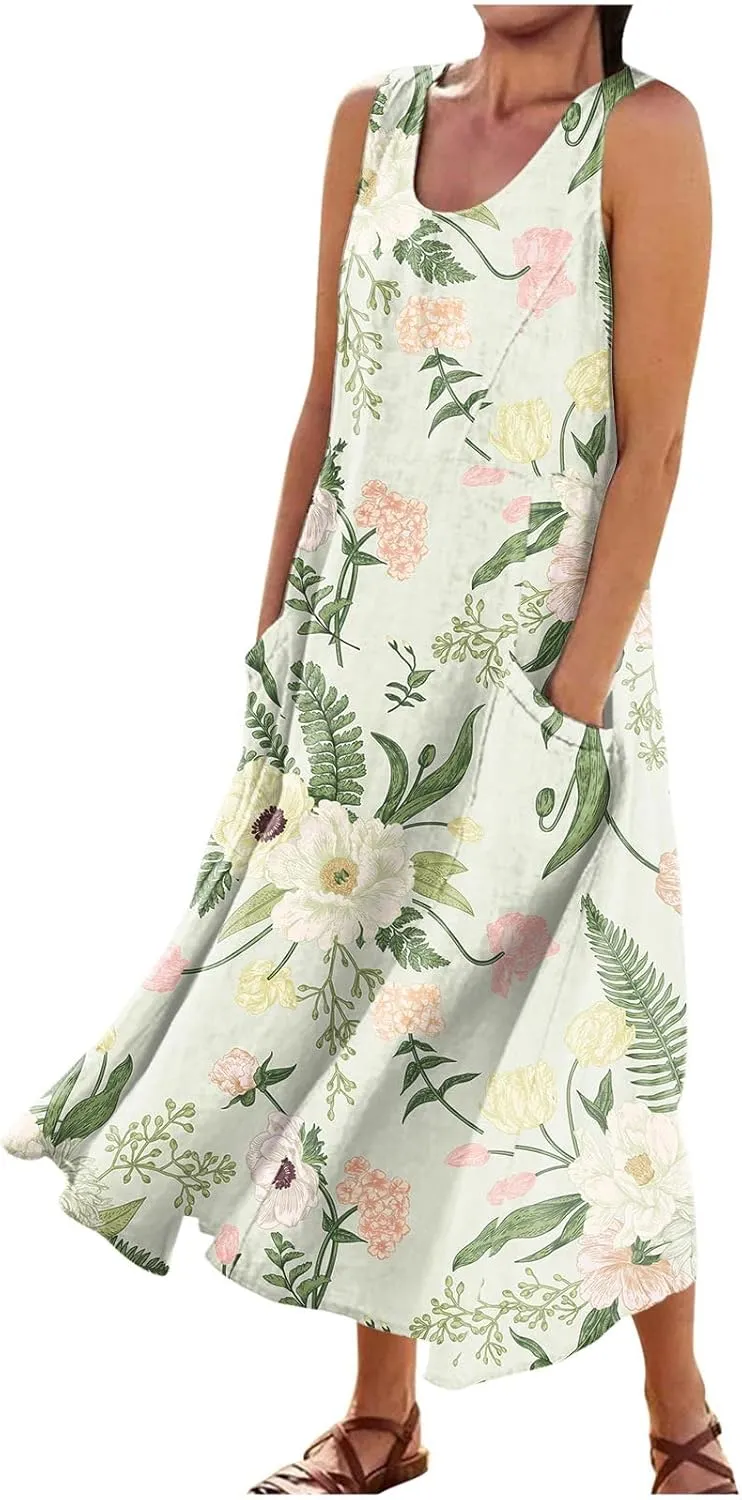 Linen Dresses for Women 2025 Casual Summer Sleeveless Flowy Maxi Dress Plus Size Boho Sundress with Pockets