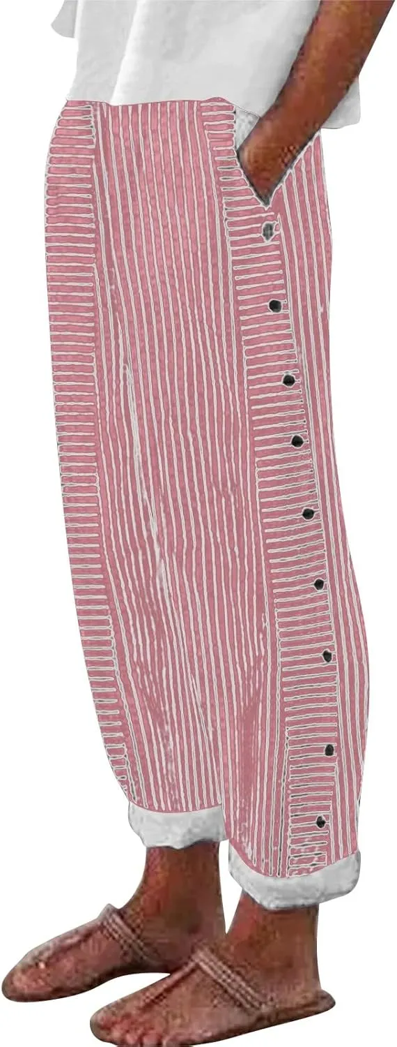 Linen Pants for Women 2025 Plus Size Trendy Striped Spring Summer Gauze Pants Casual Elastic Waist Comfy Trousers