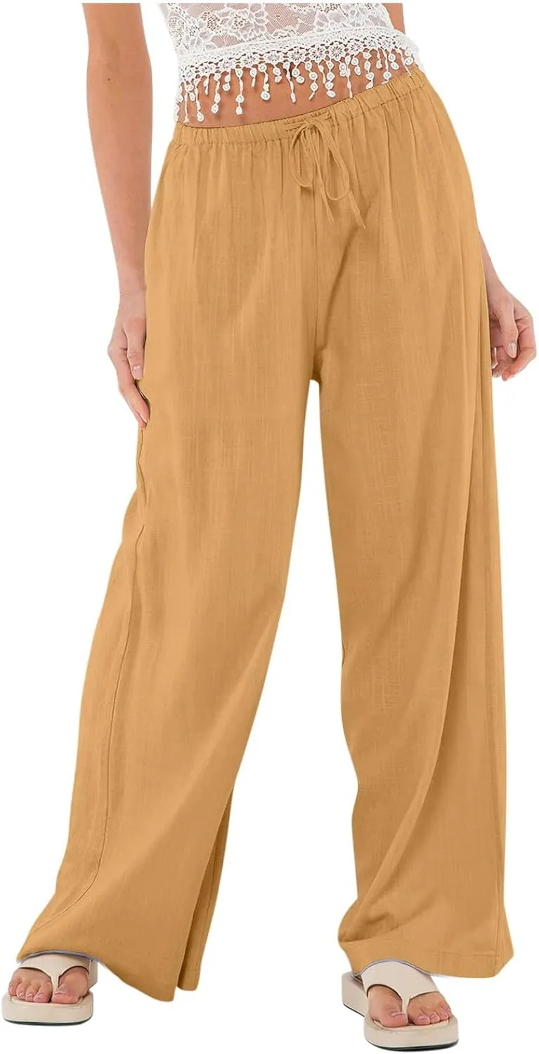 Linen Wide Leg Pants for Women Summer High Waisted Drawstring Palazzo Pants Casual Beach Pants Baggy Lounge Trousers