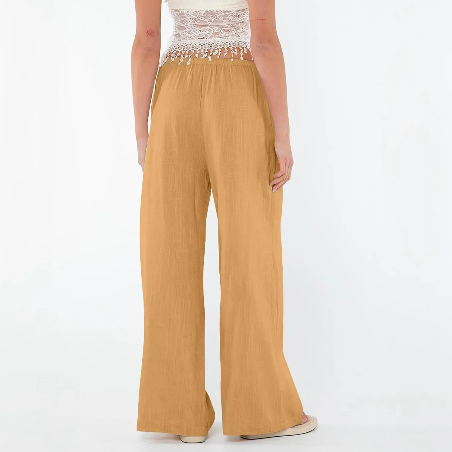 Linen Wide Leg Pants for Women Summer High Waisted Drawstring Palazzo Pants Casual Beach Pants Baggy Lounge Trousers