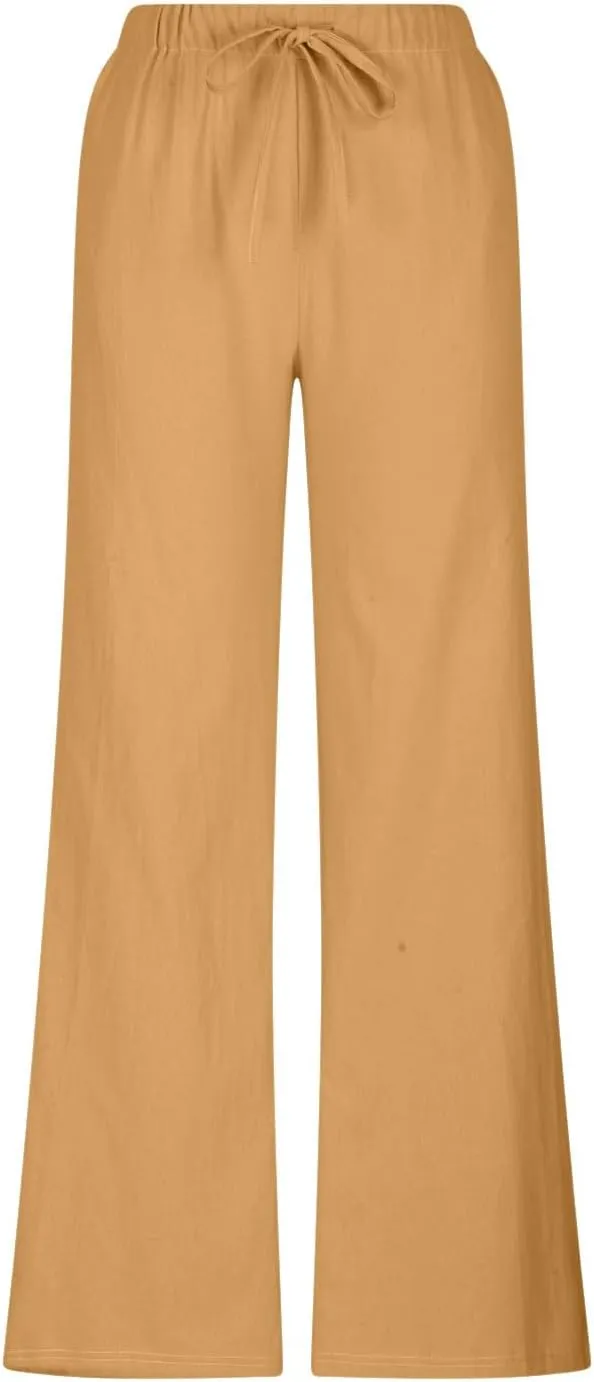 Linen Wide Leg Pants for Women Summer High Waisted Drawstring Palazzo Pants Casual Beach Pants Baggy Lounge Trousers