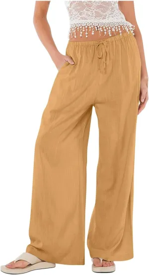 Linen Wide Leg Pants for Women Summer High Waisted Drawstring Palazzo Pants Casual Beach Pants Baggy Lounge Trousers