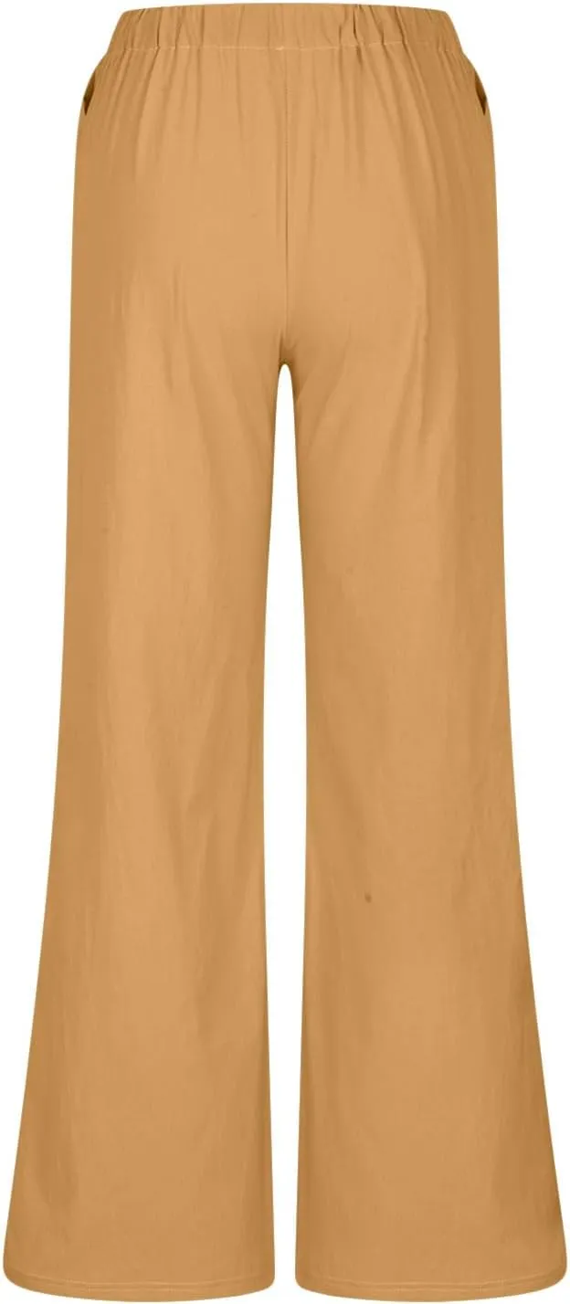 Linen Wide Leg Pants for Women Summer High Waisted Drawstring Palazzo Pants Casual Beach Pants Baggy Lounge Trousers