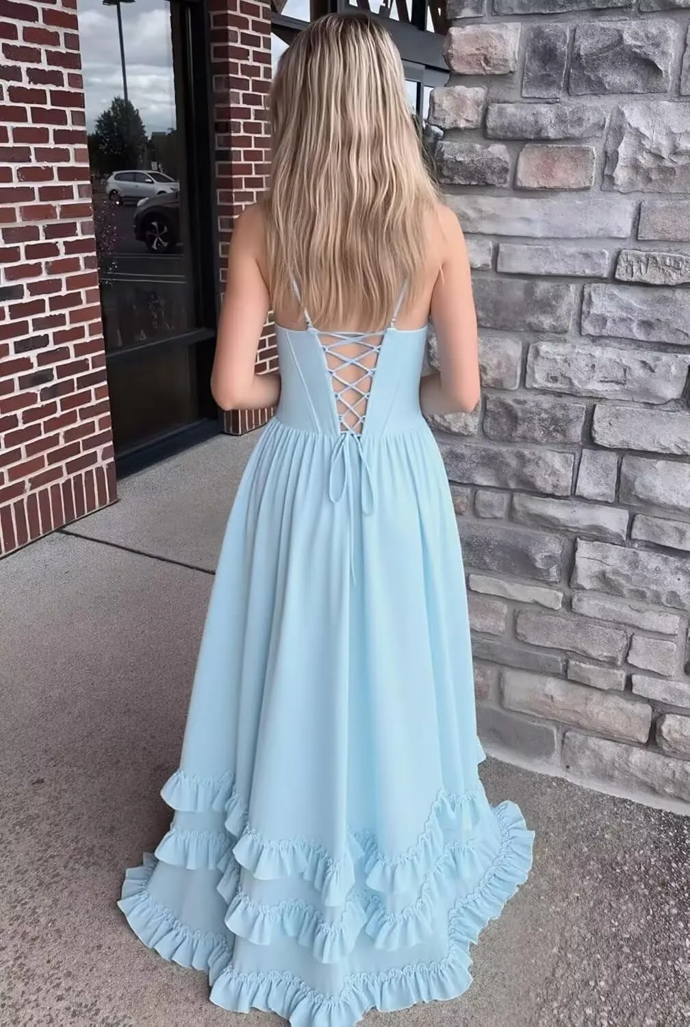 Long Chiffon Bridesmaid Dresses with Ruffles Spaghetti Straps Tiered Wedding Guest Dress High Split Formal Evening Gown