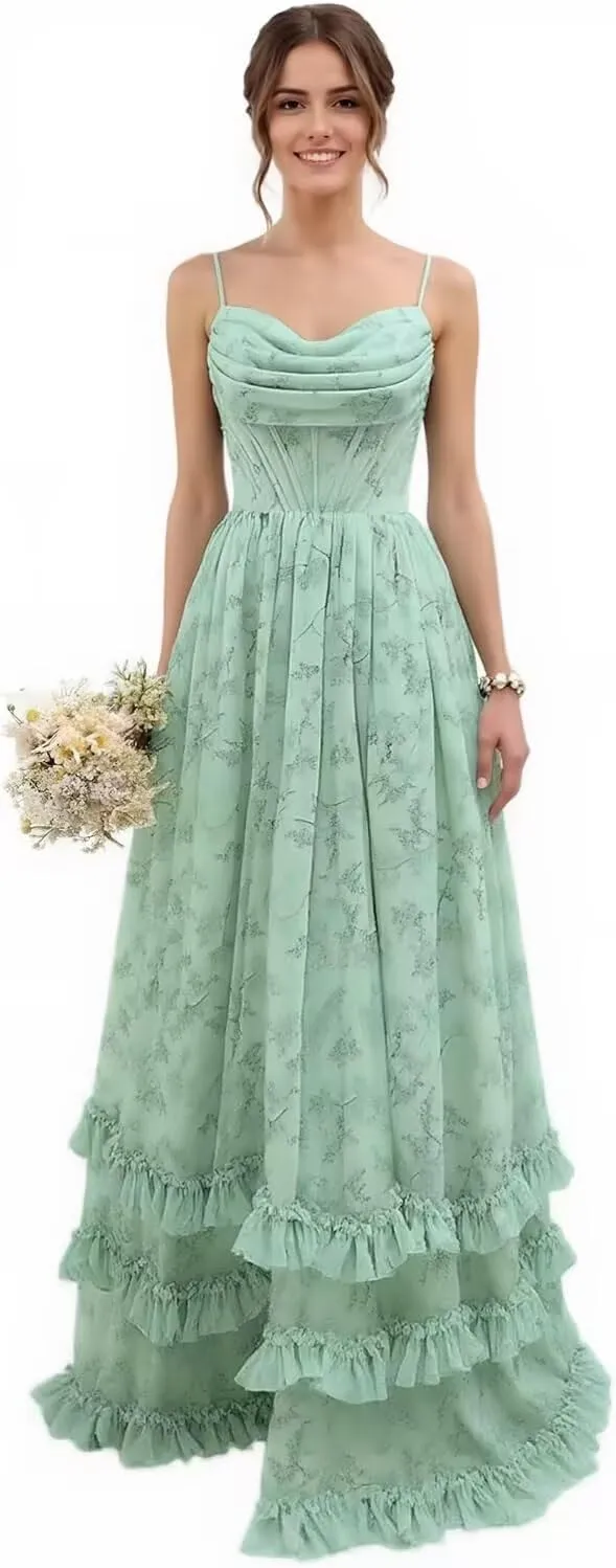 Long Chiffon Bridesmaid Dresses with Ruffles Spaghetti Straps Tiered Wedding Guest Dress High Split Formal Evening Gown