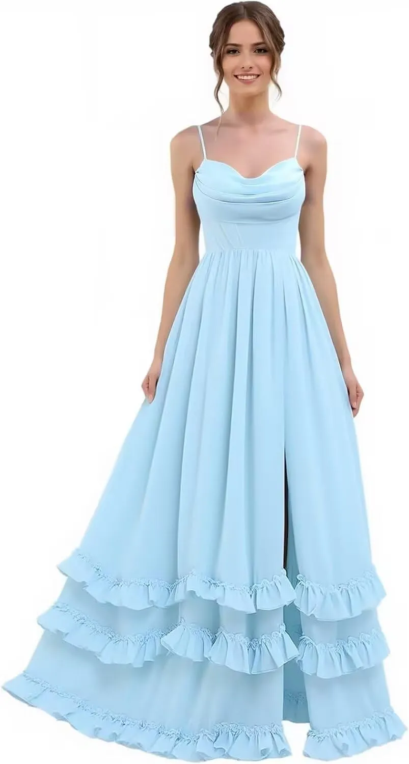 Long Chiffon Bridesmaid Dresses with Ruffles Spaghetti Straps Tiered Wedding Guest Dress High Split Formal Evening Gown