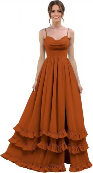 Long Chiffon Bridesmaid Dresses with Ruffles Spaghetti Straps Tiered Wedding Guest Dress High Split Formal Evening Gown