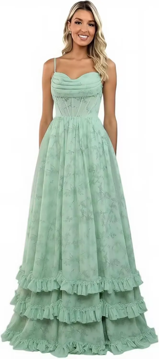 Long Chiffon Bridesmaid Dresses with Ruffles Spaghetti Straps Tiered Wedding Guest Dress High Split Formal Evening Gown