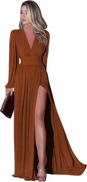 Long Sleeve Bridesmaid Dresses for Wedding Chiffon Pleated Evening Dress with Pockets Burnt Orange Formal Gown Size 2
