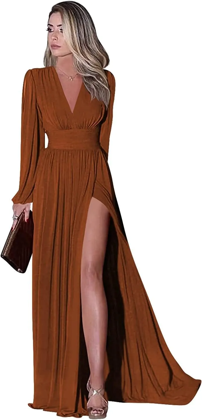 Long Sleeve Bridesmaid Dresses for Wedding Chiffon Pleated Evening Dress with Pockets Burnt Orange Formal Gown Size 2