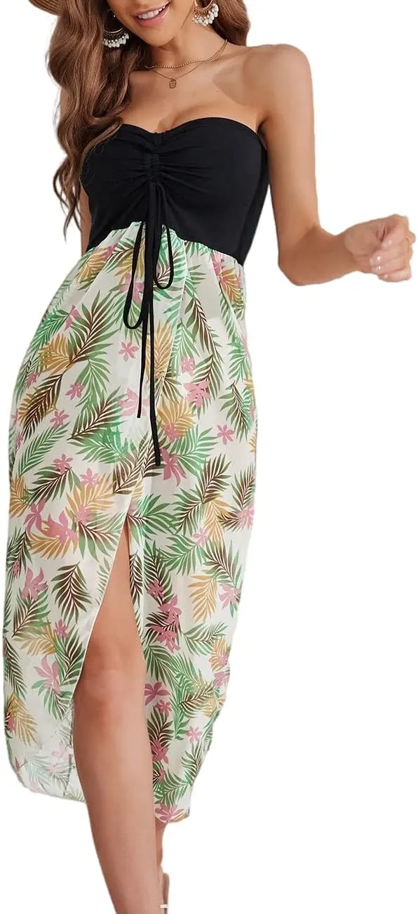 Lrady Women's Chiffon Off Shoulder Summer Beach Swimsuit Cover ups Sundress Strapless Dress