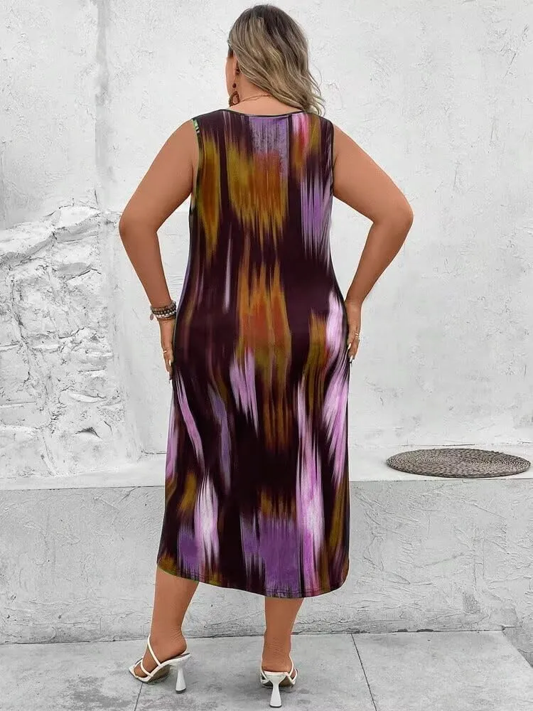 LROSEY Summer Plus Size Midi Tank Top Dresses for Curvy Women Casual Tie Die Sleeveless A Line Dress Long Sundress Loose Fit