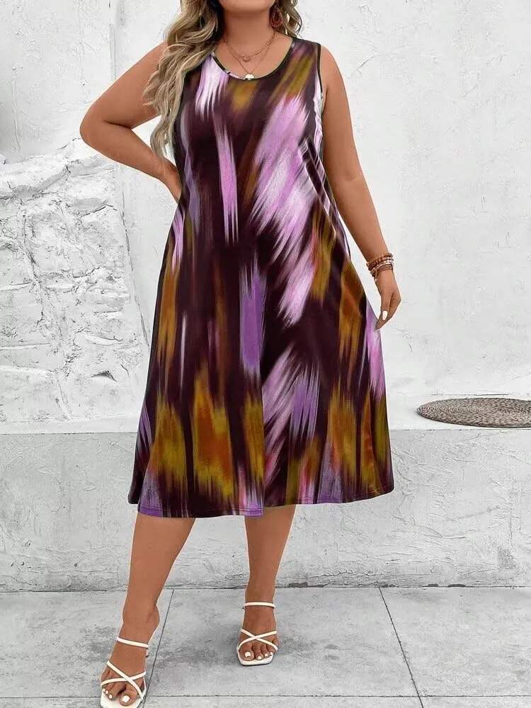 LROSEY Summer Plus Size Midi Tank Top Dresses for Curvy Women Casual Tie Die Sleeveless A Line Dress Long Sundress Loose Fit