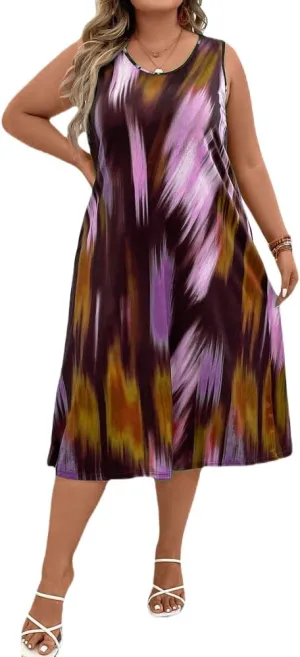 LROSEY Summer Plus Size Midi Tank Top Dresses for Curvy Women Casual Tie Die Sleeveless A Line Dress Long Sundress Loose Fit