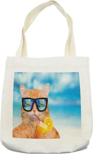 Lunarable Funny Tote Bag, Cat Wearing Sunglasses Relaxing Cocktail in the Sea Background Summer Kitty Image, Cloth Linen Reusable Bag for Shopping Books Beach and More, 16.5" X 14", Cream