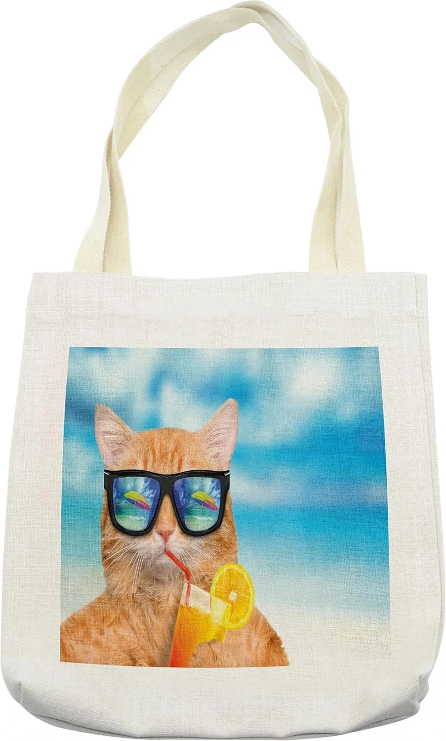 Lunarable Funny Tote Bag, Cat Wearing Sunglasses Relaxing Cocktail in the Sea Background Summer Kitty Image, Cloth Linen Reusable Bag for Shopping Books Beach and More, 16.5" X 14", Cream