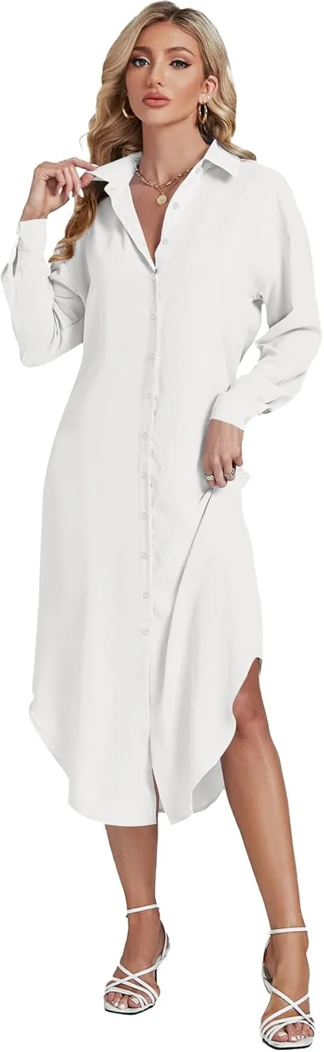 LYANER Women's Collar Button Long Sleeve Max Long Shirt Dress Cardigan Cover Ups