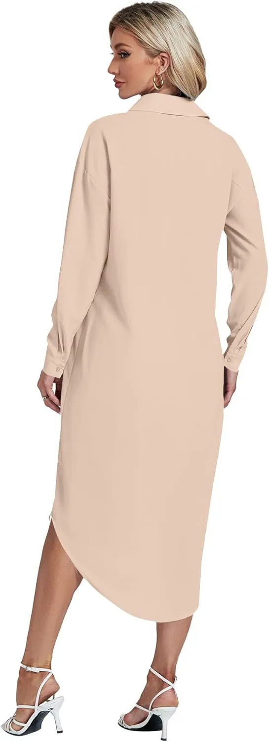 LYANER Women's Collar Button Long Sleeve Max Long Shirt Dress Cardigan Cover Ups