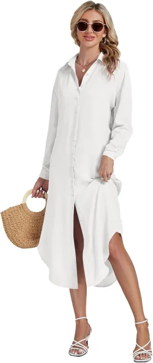 LYANER Women's Collar Button Long Sleeve Max Long Shirt Dress Cardigan Cover Ups