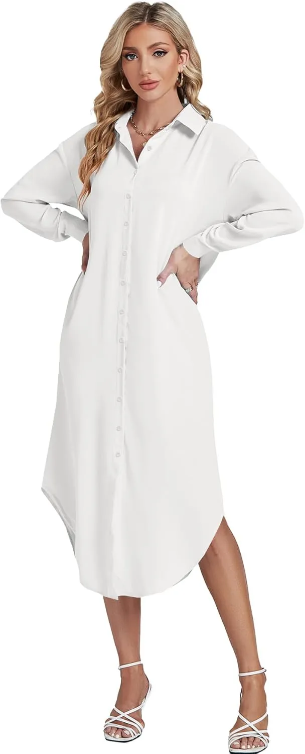 LYANER Women's Collar Button Long Sleeve Max Long Shirt Dress Cardigan Cover Ups