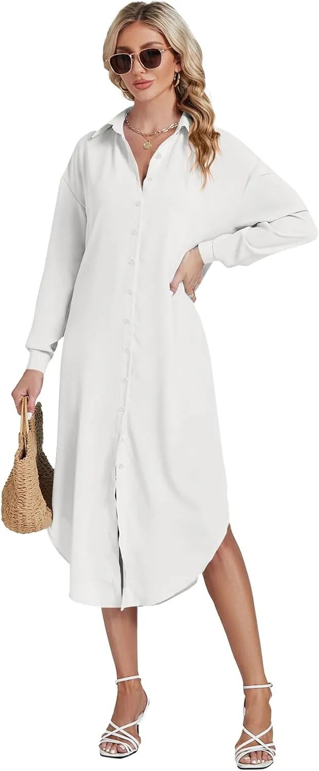 LYANER Women's Collar Button Long Sleeve Max Long Shirt Dress Cardigan Cover Ups