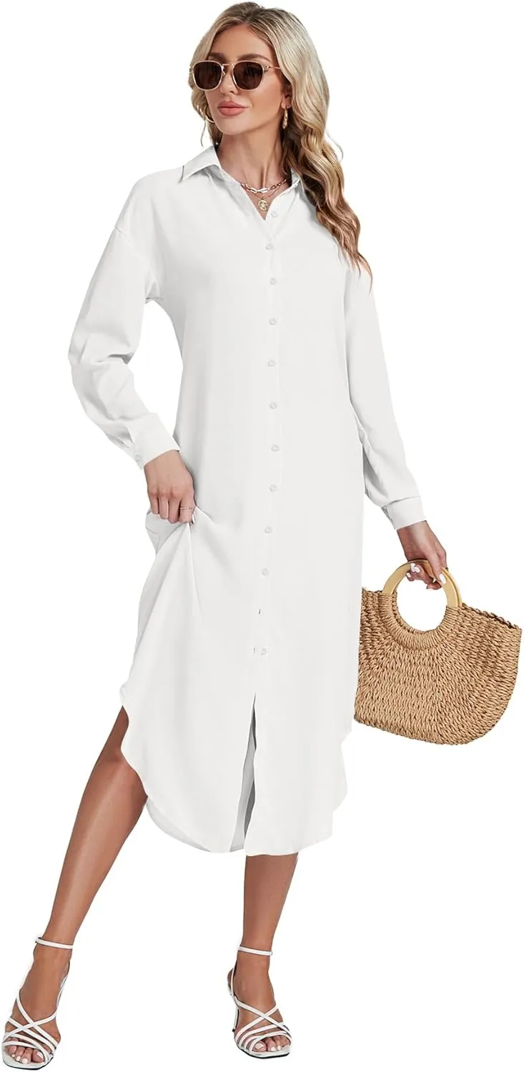 LYANER Women's Collar Button Long Sleeve Max Long Shirt Dress Cardigan Cover Ups