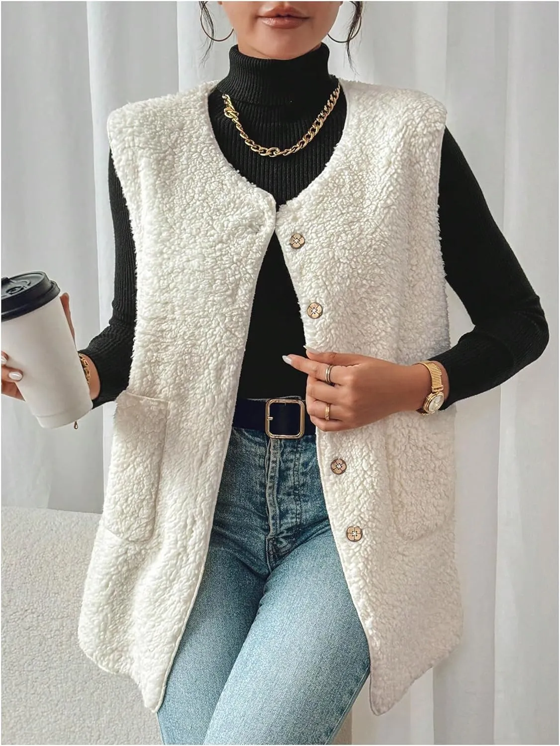 MakeMeChic Women's Button Down Fleece Vest Jacket V Neck Sleeveless Pocket Vest Top Coat Jackets