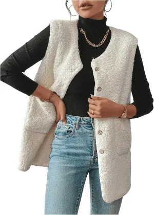 MakeMeChic Women's Button Down Fleece Vest Jacket V Neck Sleeveless Pocket Vest Top Coat Jackets