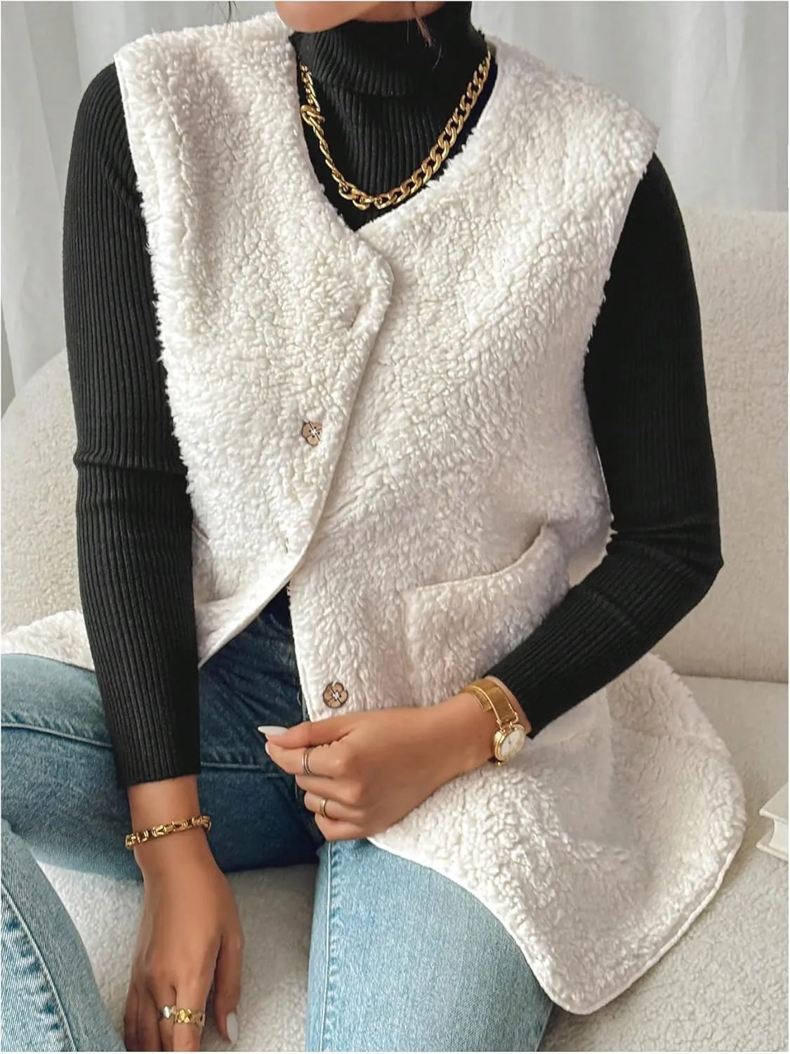 MakeMeChic Women's Button Down Fleece Vest Jacket V Neck Sleeveless Pocket Vest Top Coat Jackets