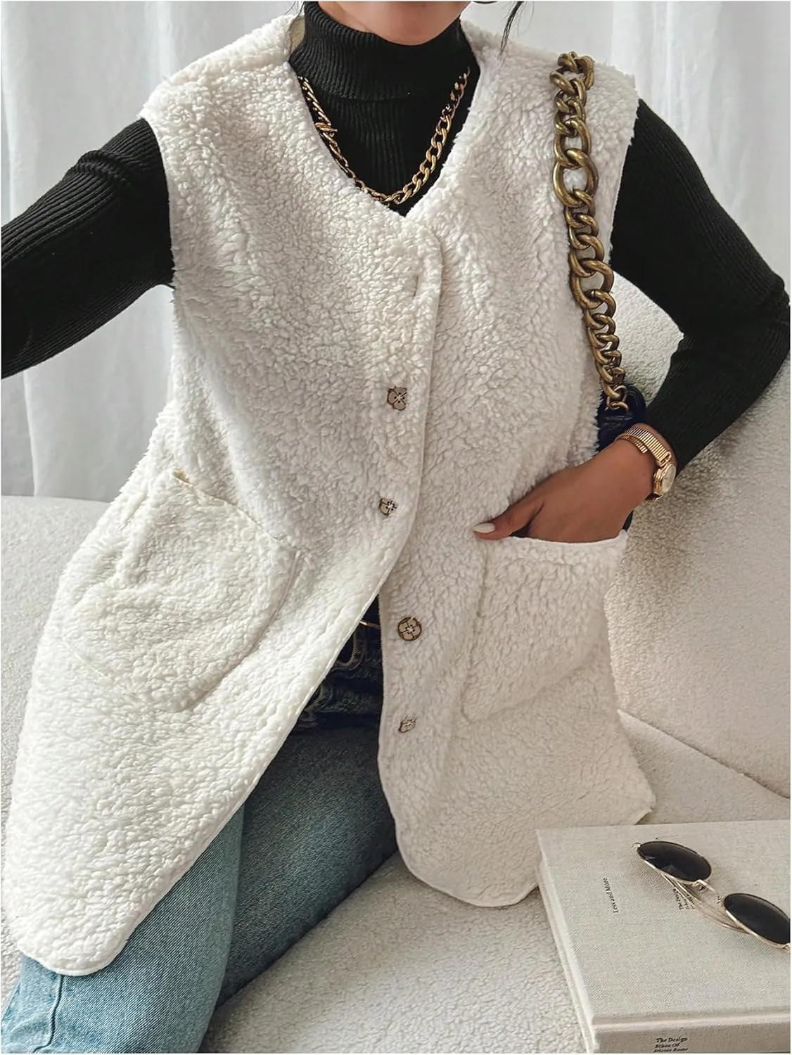 MakeMeChic Women's Button Down Fleece Vest Jacket V Neck Sleeveless Pocket Vest Top Coat Jackets