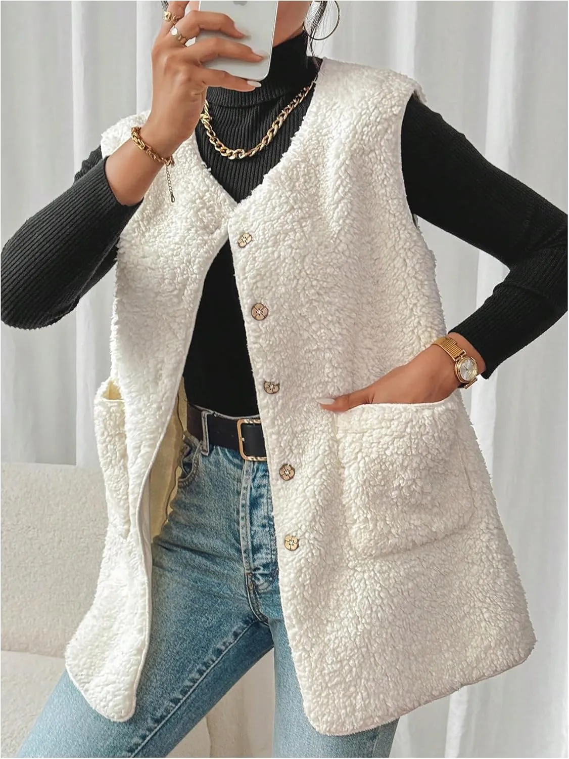 MakeMeChic Women's Button Down Fleece Vest Jacket V Neck Sleeveless Pocket Vest Top Coat Jackets