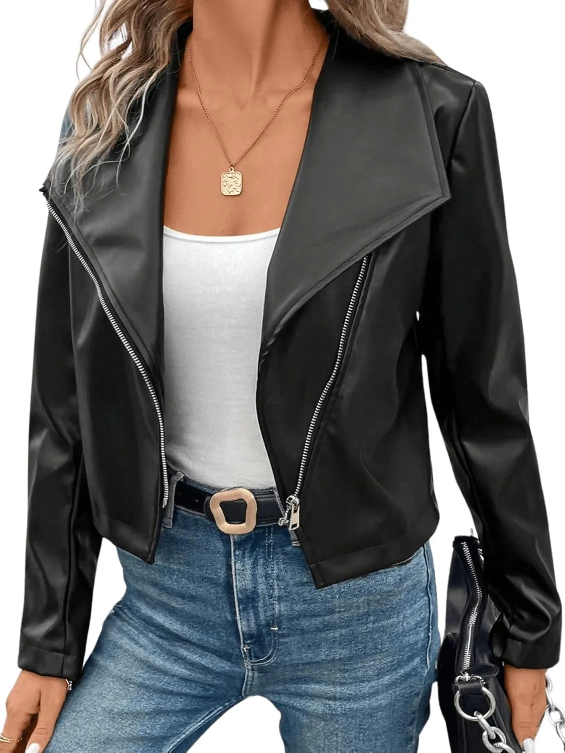 MakeMeChic Women's Faux Leather Jackets Zip Up Long Sleeve Open Front Short Moto Biker Cropped Coat