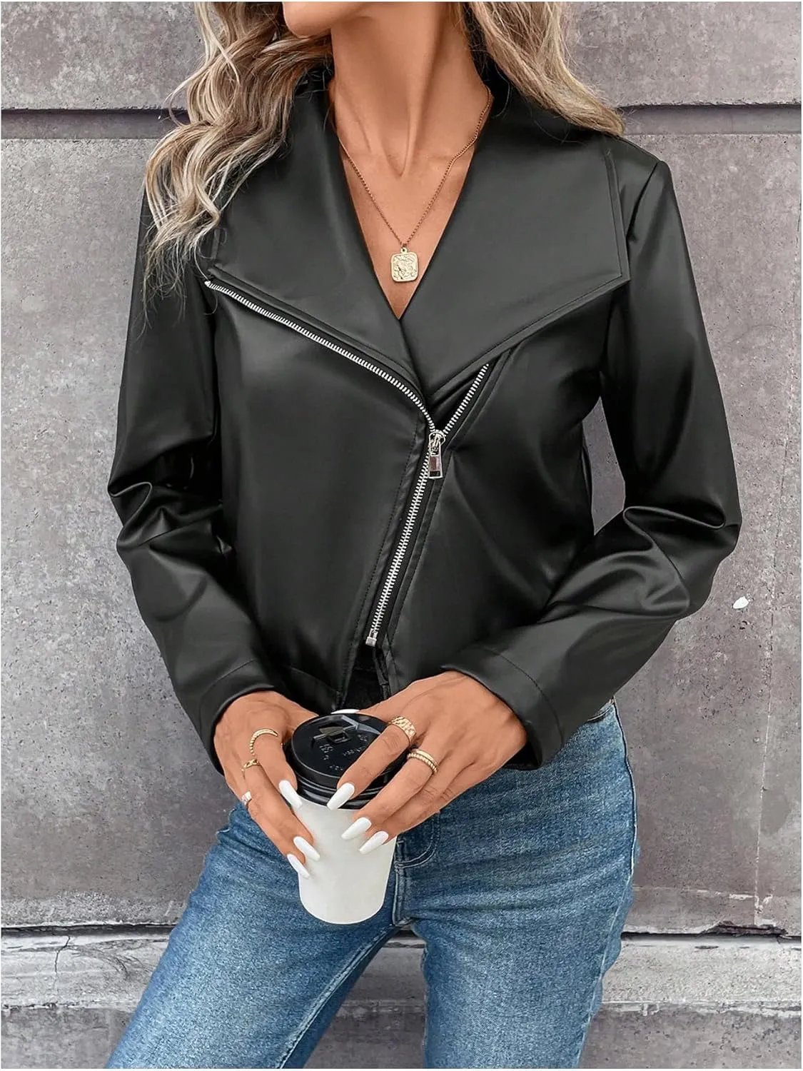 MakeMeChic Women's Faux Leather Jackets Zip Up Long Sleeve Open Front Short Moto Biker Cropped Coat